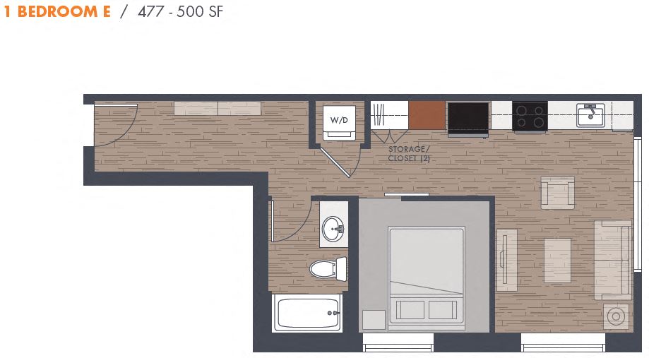 Floor plan for 1 bed, 1 bath, 477 sqft